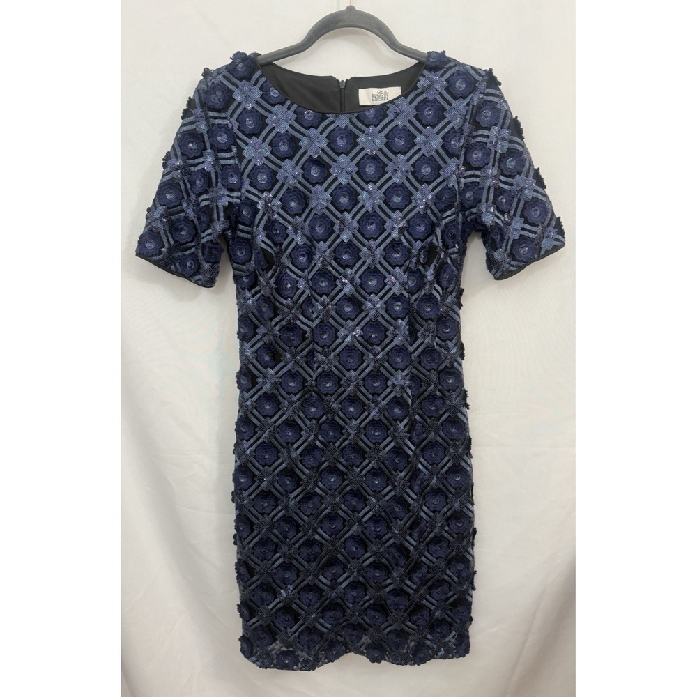 Belle Badgley Mischka Navy Floral Sequin Sheath Cocktail Dress Womens Size 4